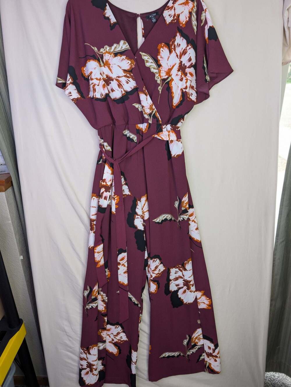 AUW Women's Burgundy Floral Print Faux Wrap Short Sleeve Jumpsuit